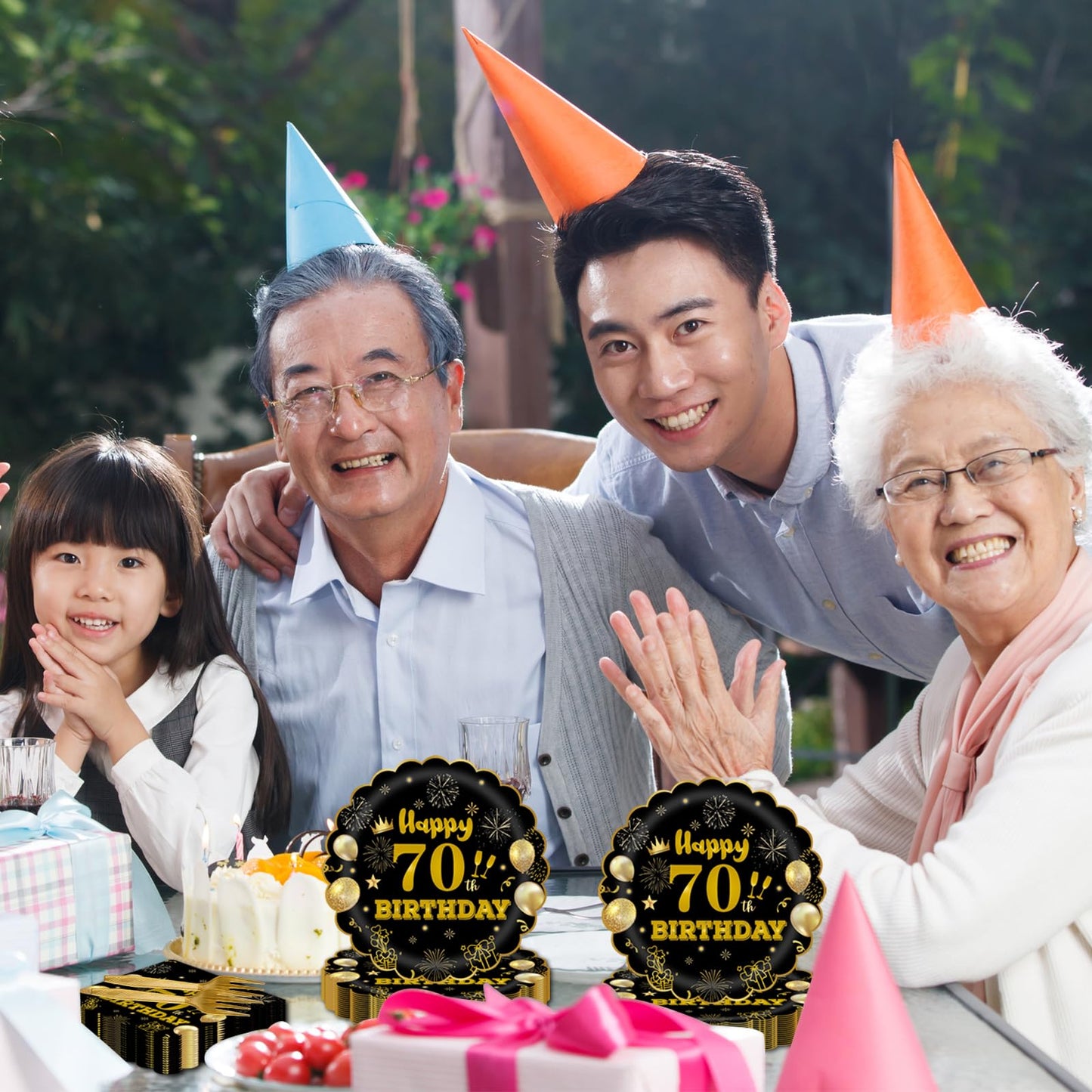 EVYIENEN 75 PCS 70th Birthday Party Supplies Paper Plates and Napkins,Black and Gold 70th Birthday Plates Napkins Tableware Set for Boys Girls Tableware Set Decorations