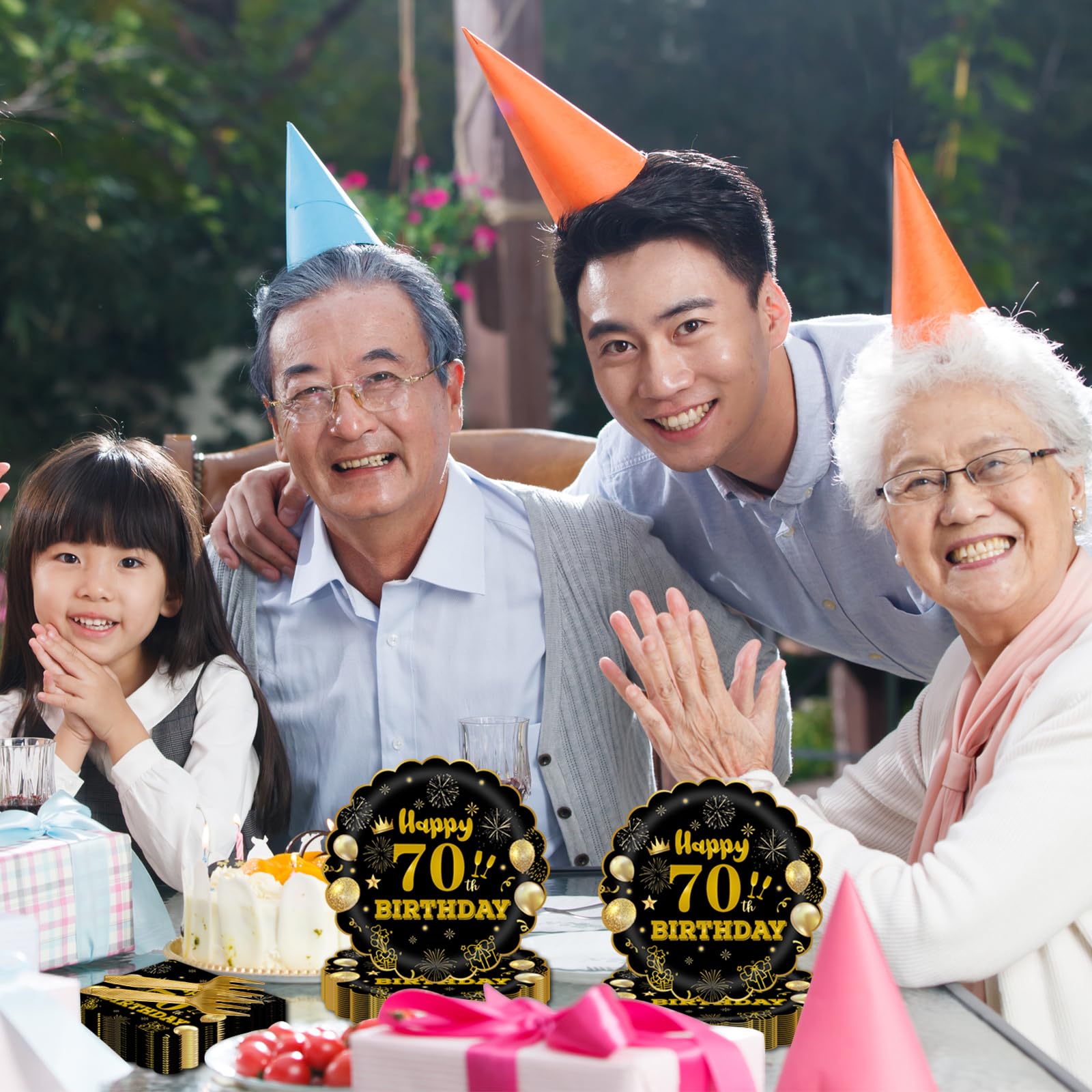 EVYIENEN 75 PCS 70th Birthday Party Supplies Paper Plates and Napkins,Black and Gold 70th Birthday Plates Napkins Tableware Set for Boys Girls Tableware Set Decorations