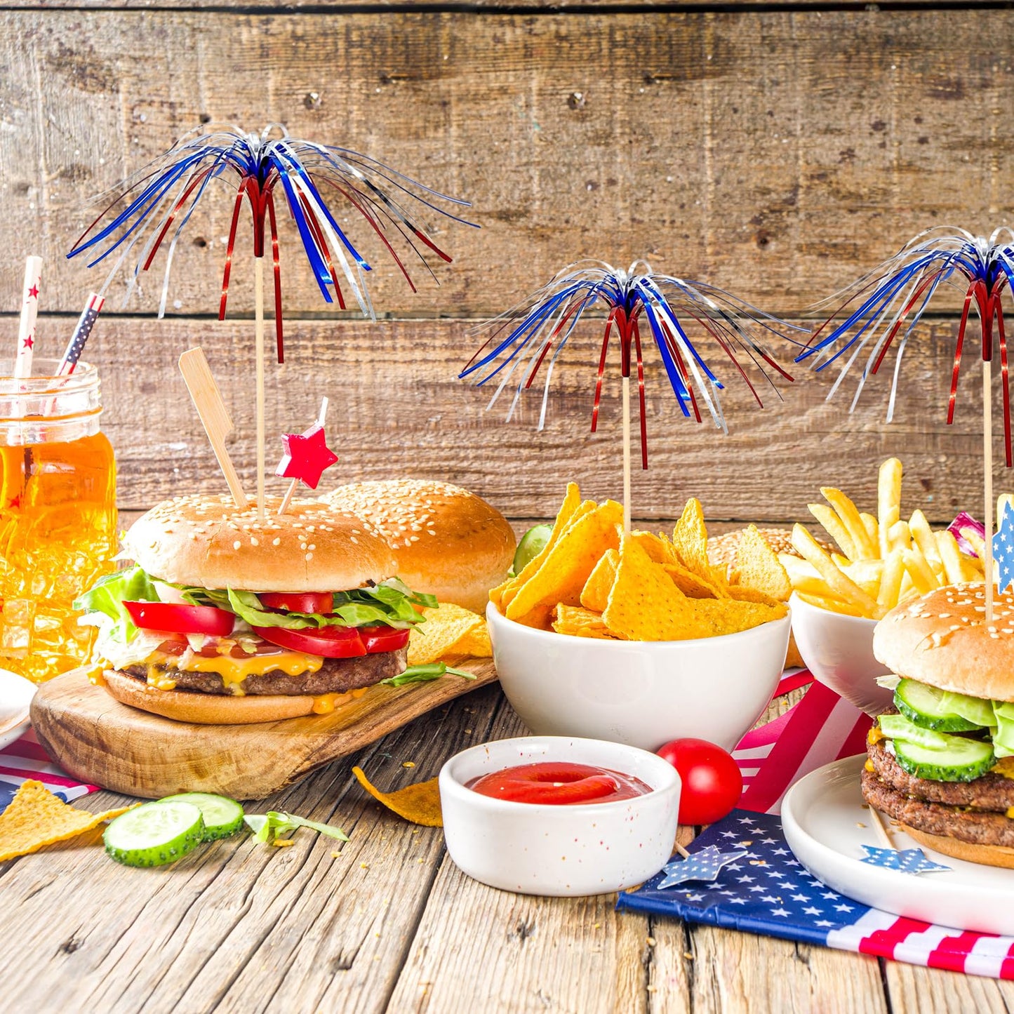 100 Pcs 4th of July Cocktail Picks, Red White Blue Firework Bamboo Toothpicks for Appetizers & Party