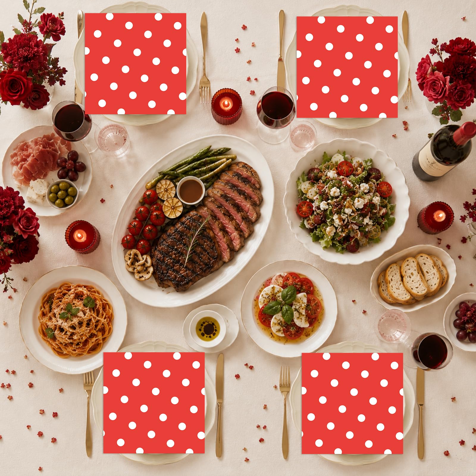 50pcs White Polka Dot Red Napkins, Disposable 2-Ply Cocktail & Happy Birthday Napkins, Polka Dot Party Decorations for Wedding Baby Shower Birthday Bridal Party
