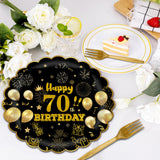 EVYIENEN 75 PCS 70th Birthday Party Supplies Paper Plates and Napkins,Black and Gold 70th Birthday Plates Napkins Tableware Set for Boys Girls Tableware Set Decorations