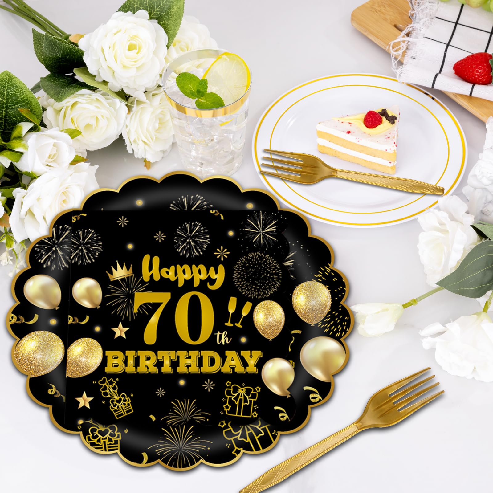 EVYIENEN 75 PCS 70th Birthday Party Supplies Paper Plates and Napkins,Black and Gold 70th Birthday Plates Napkins Tableware Set for Boys Girls Tableware Set Decorations