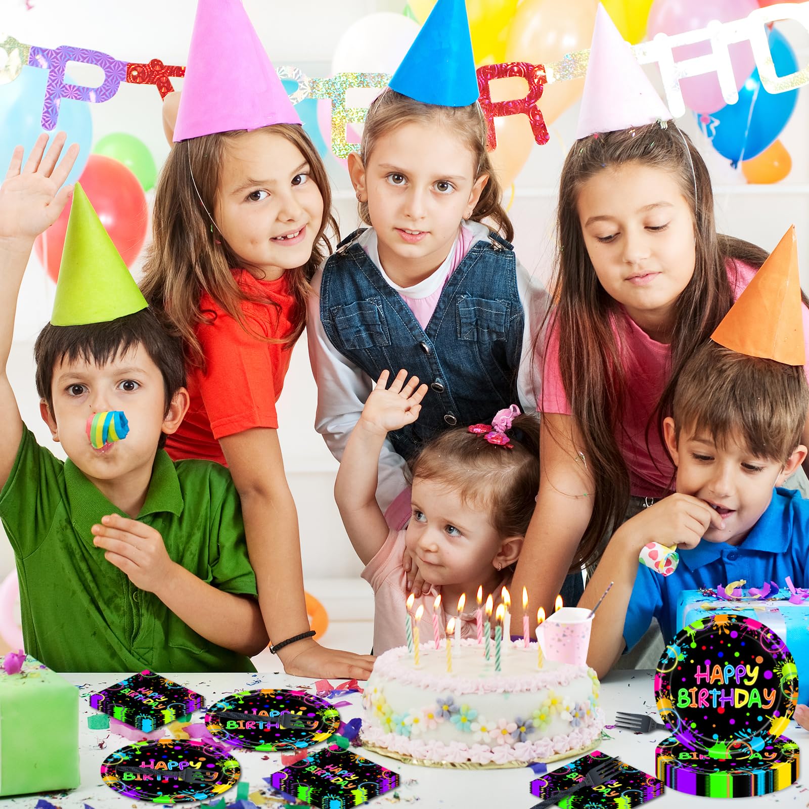 EVYIENEN 75Pcs Neon Birthday Plates and Napkins Party Supplies,7 Inch Neon Paper Plates and 6.5 Inch Napkins with 6.3 Inch Forks Disposable Tableware Set for Birthday Party Decorations,Serve 25