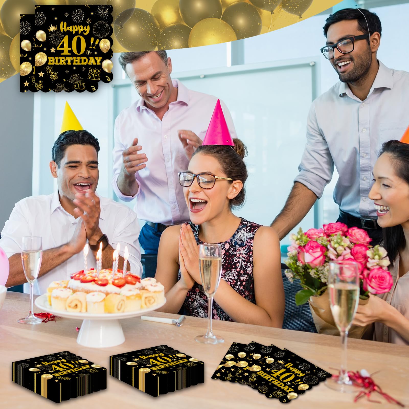 40pcs 80th Birthday Paper Napkins,13 x 13 inch Black and Gold Scalloped Dessert Cocktail Napkins Disposable Party Men Women Napkins 80th Birthday Decorations