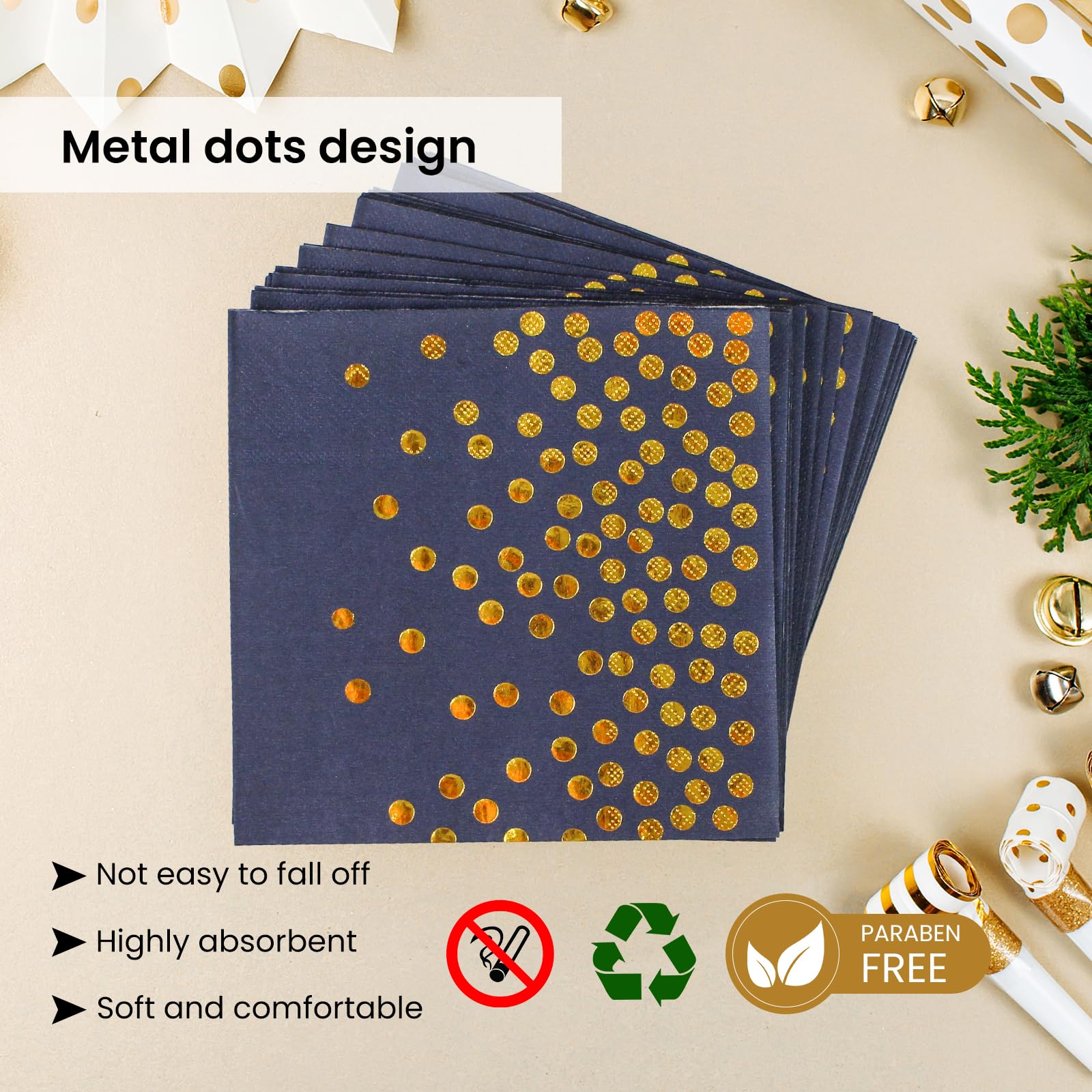 50Pcs Dark Blue and Gold Dinner Plates and Napkins, 9 Inch Gold Foil Dot Dessert Plates with Napkins for Birthdays, Weddings and New Year, Serves 25