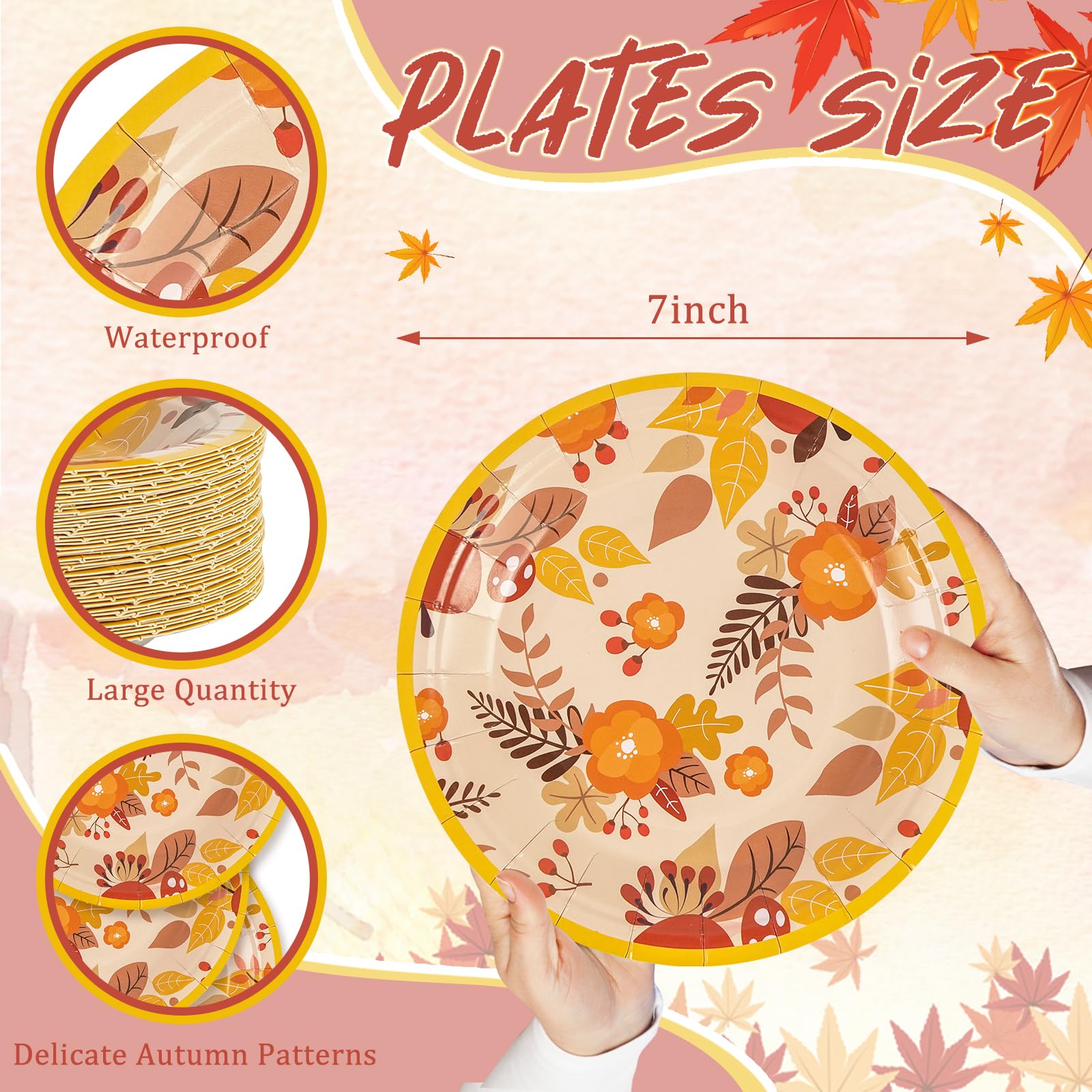 50 Pack Fall Paper Plates,7inch Disposable Fall Maple Leaf Paper Dinner Party Plates for Thanksgiving Birthday Holiday Family Gatherings Parties (Maple Leaf)