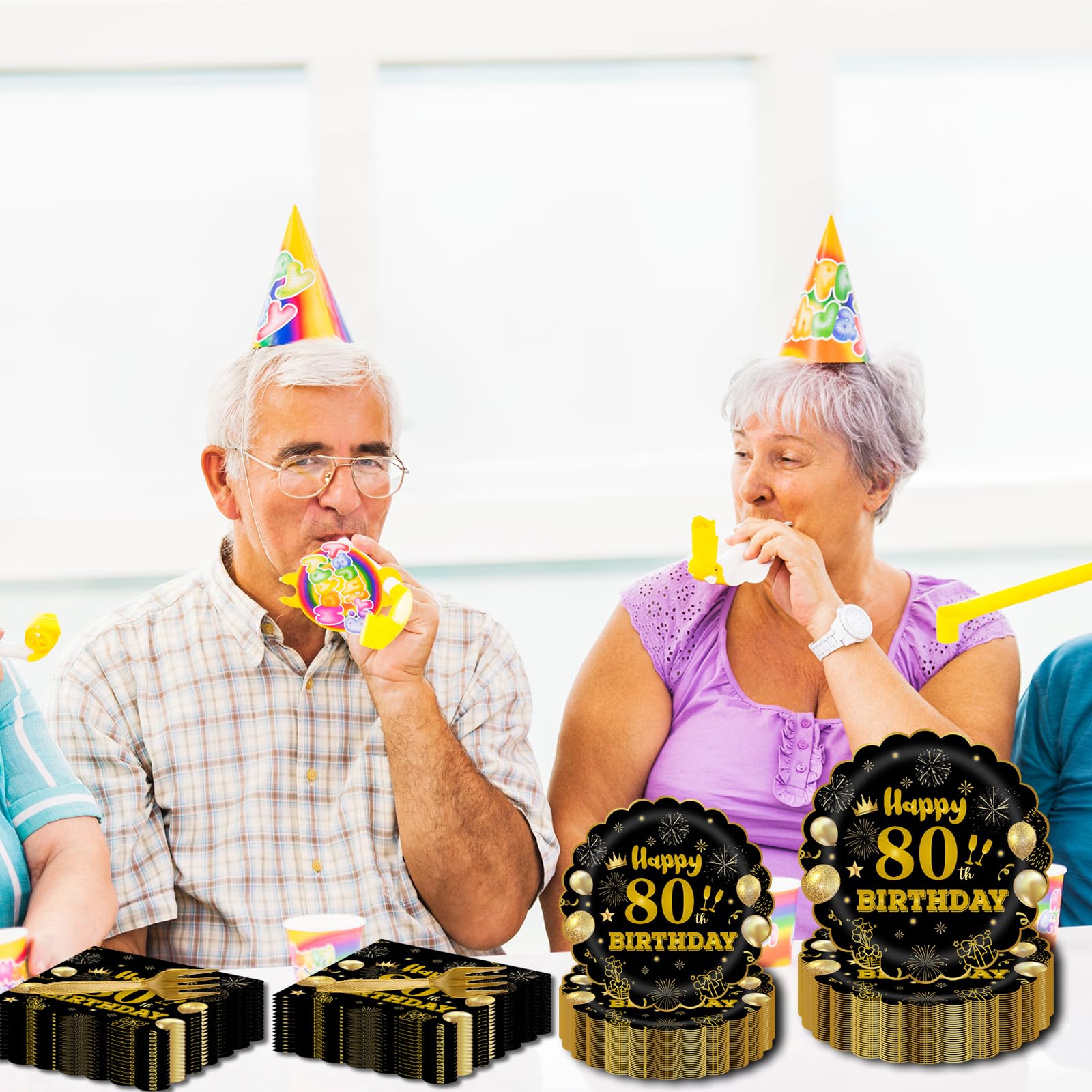 EVYIENEN 96Pcs 80th Birthday Party Tableware Set,Back in 1965 Birthday Party Decorations Supplies, Disposable Black and Gold 80th Birthdays Paper Plates Napkins Forks Favors for Men Women, Serve 24