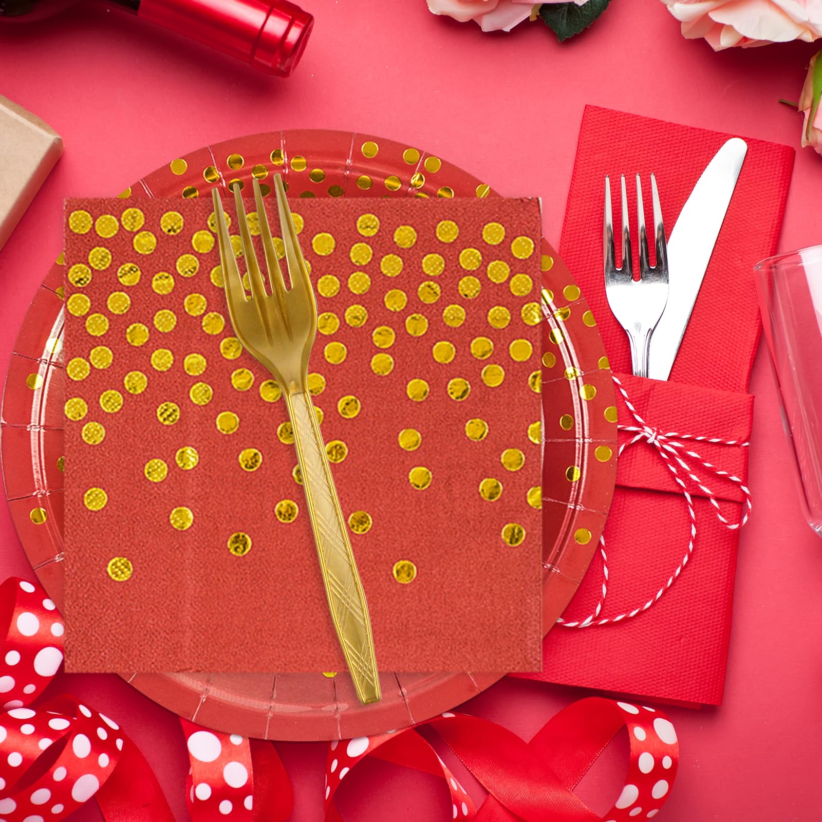 75Pcs Red Dots Glod Paper Plates and Napkins Party Supplies Set,Red Disposable Plates Party Supplies Includes Paper Napkins Forks Decorations for Birthday,Wedding,Christmas,Serves 25
