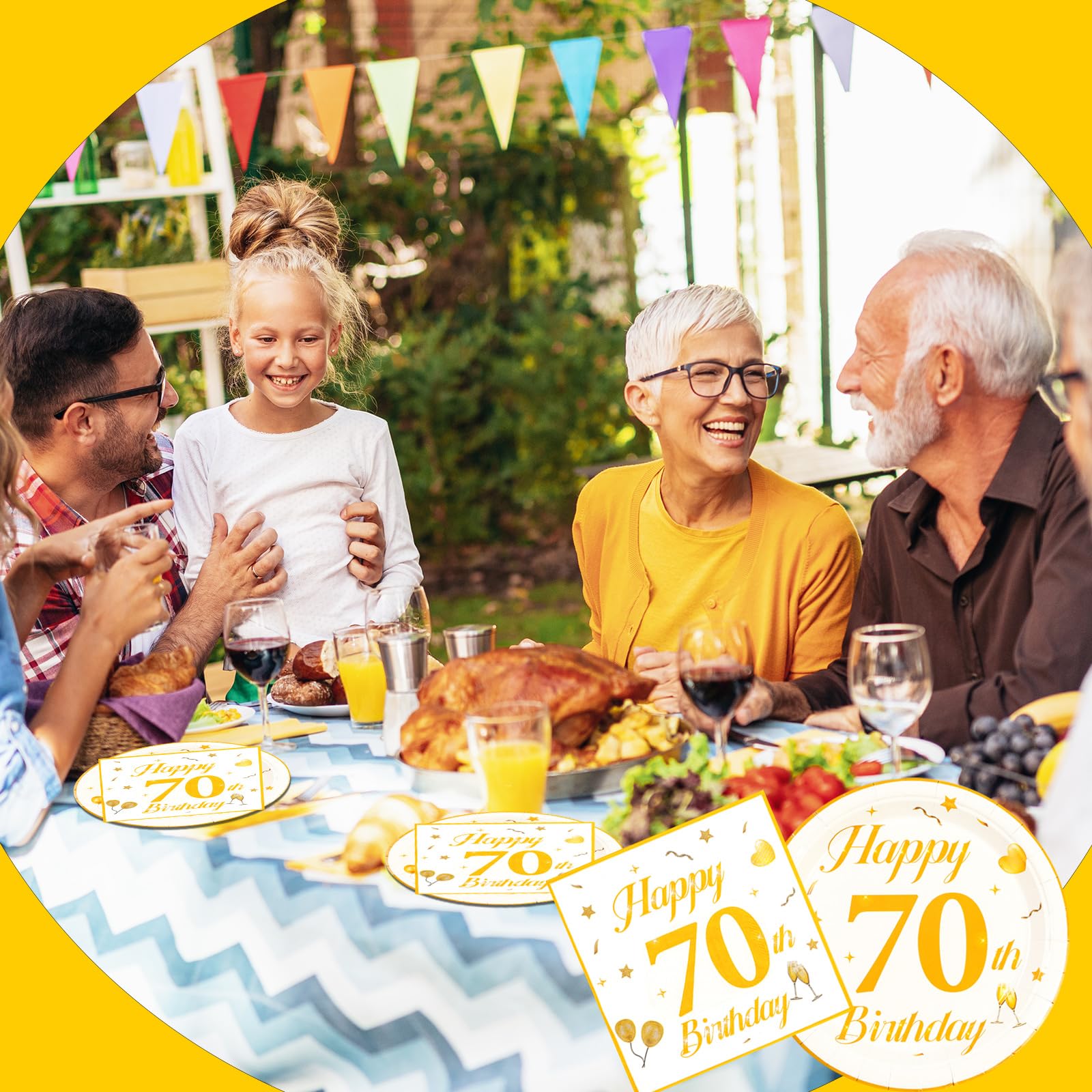 EVYIENEN 50PCS 70th Happy Birthday Plates and Napkins,7 Inch Premium Wihte and Gold Birthday Dessert Cake Plates Party and Cocktail Napkin for Men and WomenTable Anniversary Decoration