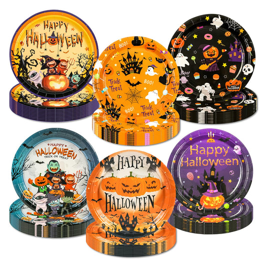 60Pcs Halloween Paper Plates, 7 Inch Pumpkin, Monster, Bat, Skull and Ghost Dessert Plates for Halloween Party