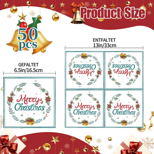 50 Pcs Merry Christmas Paper Napkins – 13 x 13 Inch Holly & Red Berries Napkins for Christmas Parties