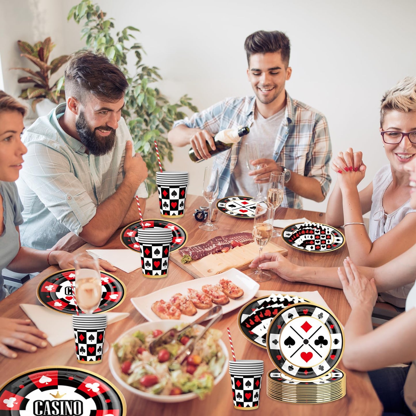 50PCS Casino Poker Tableware Set, Includes Straw Cups, Plates, Napkins - Disposable Party Supplies for Birthday, Weddings