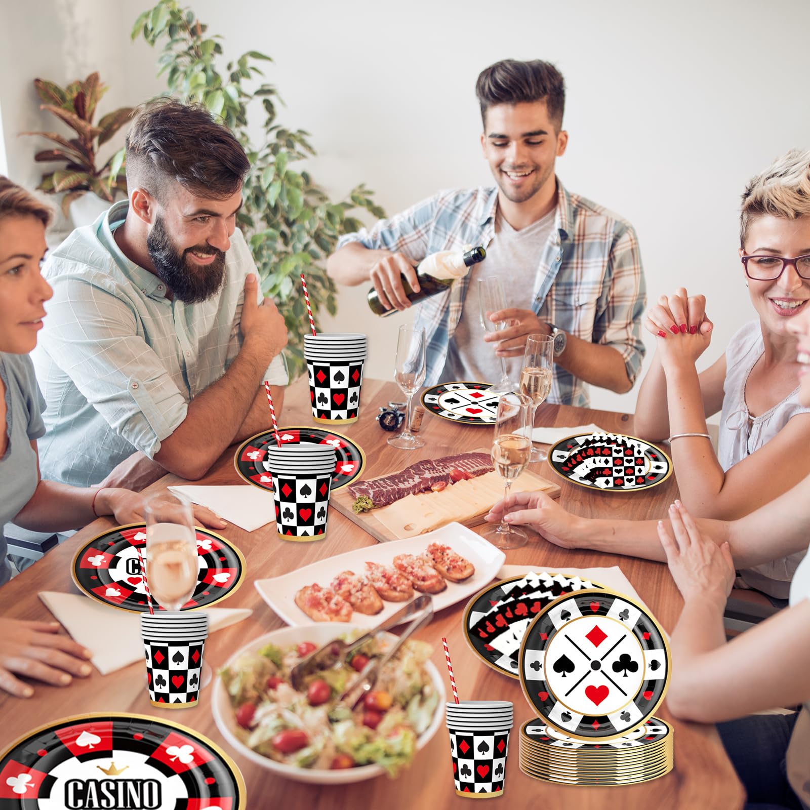 50PCS Casino Poker Tableware Set, Includes Straw Cups, Plates, Napkins - Disposable Party Supplies for Birthday, Weddings