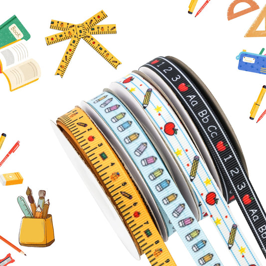 4 Rolls Back to School Ribbon for Crafts Wreath Bows Teacher Ribbon Ruler Ribbons for Wrapping Teacher Appreciation Gift School Theme Grosgrain Ribbons for DIY Supplies Party Supplies