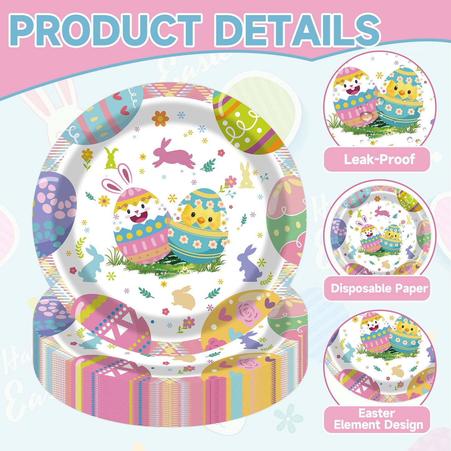 50Pcs Easter Paper Plates, 7 Inch Colorful Bunny and Egg Dessert Plates for Easter, Spring and Birthday Parties