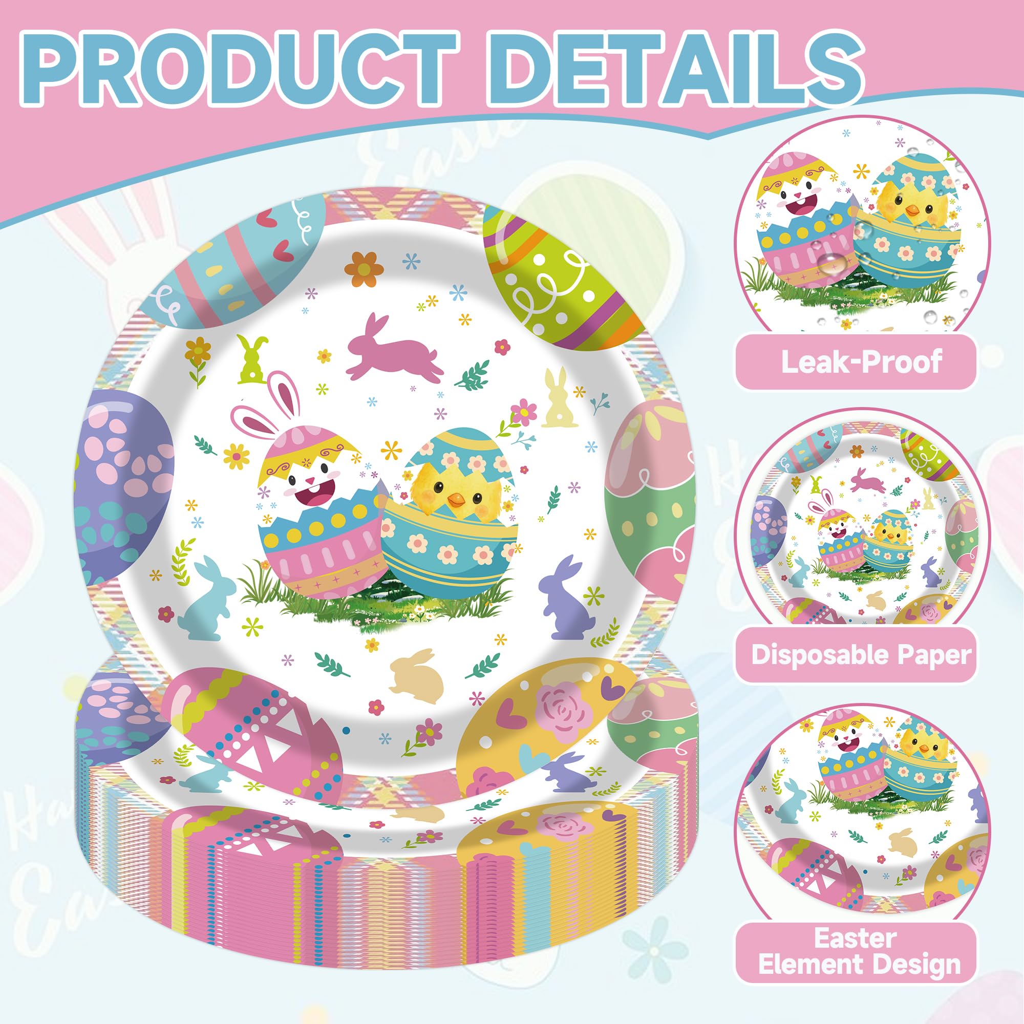 50Pcs Easter Paper Plates, 7 Inch Colorful Bunny and Egg Dessert Plates for Easter, Spring and Birthday Parties