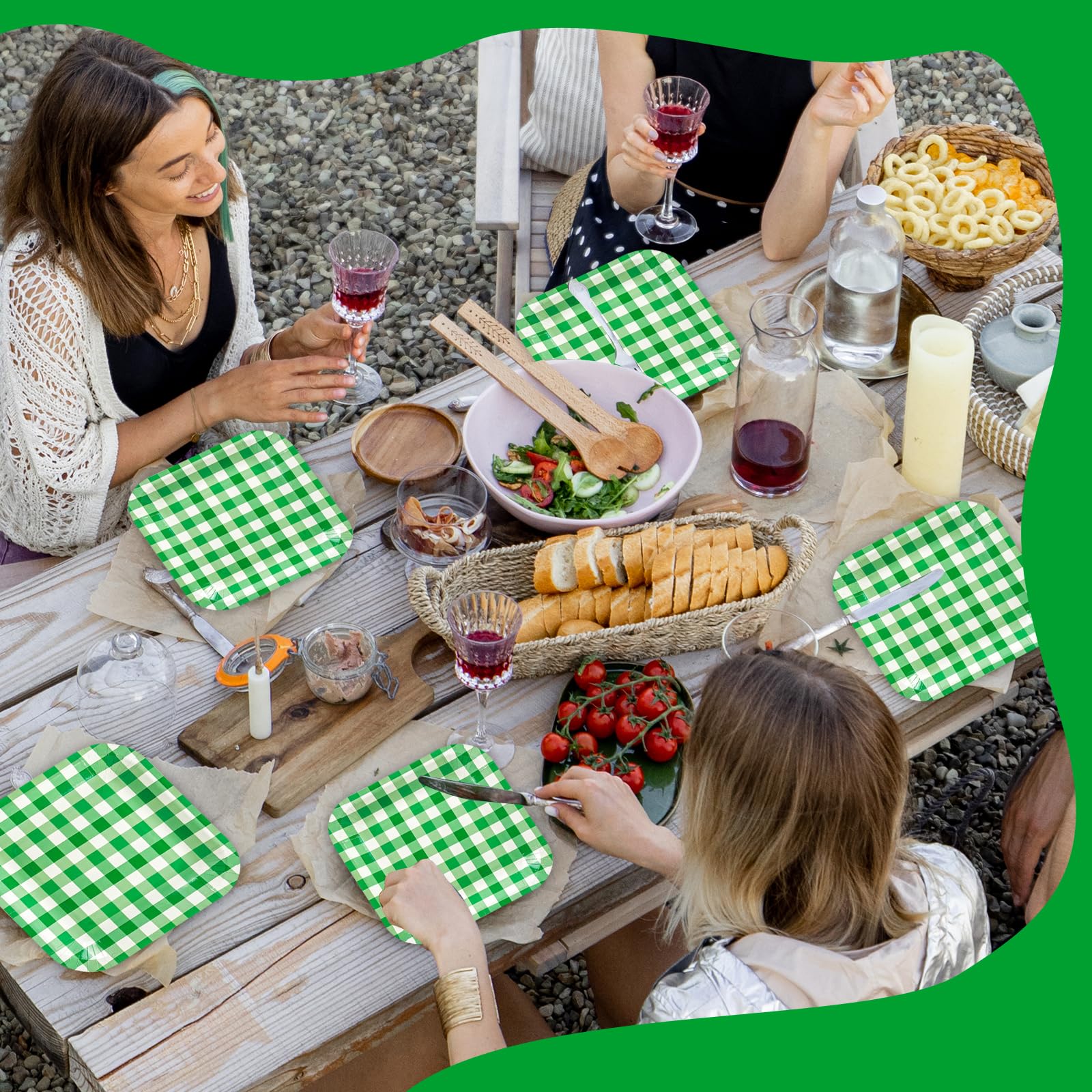 50Pcs Green Striped Paper Plates, 7 Inch Disposable Square Dinner and Dessert Plates for Birthday, Wedding and Baby Shower