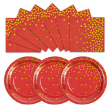50PCS Red and Gold Birthday Plates and Napkins Party Supplies,25 x 7 Red Gold Foil Decorations Dessert Plates and 25 x 6.5 Napkins for Birthdays New Year Weddings Graduations