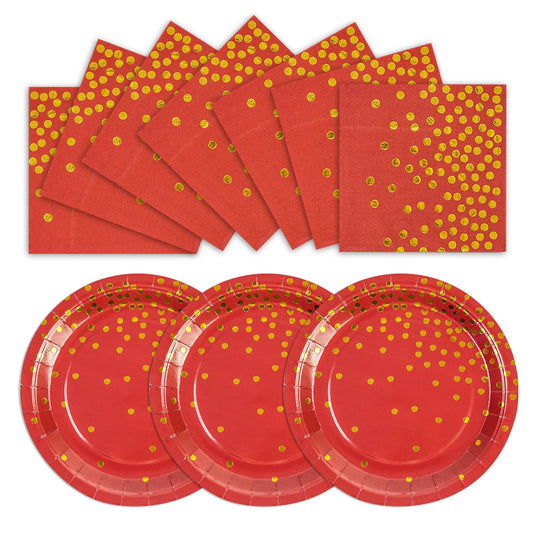 50PCS Red and Gold Foil Dessert Plates and Napkins Set – 25x 7" Plates, 25x 6.5" Napkins for Birthdays, Weddings & Graduations