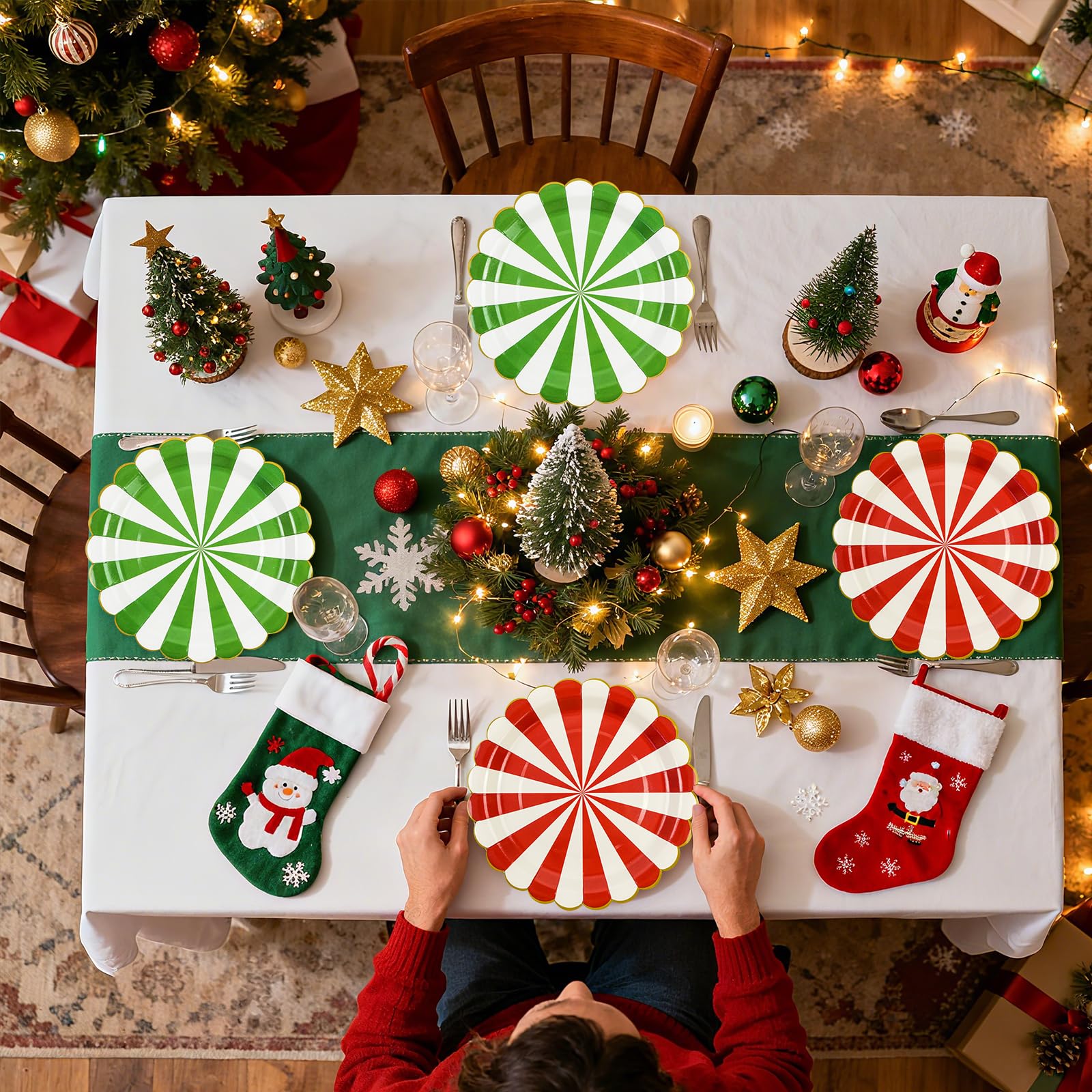 EVYIENEN 60Pcs Christmas Candy Paper Plates,7 Inch Red White and Green Striped Disposable Dinner Dessert Cake Plates Dinnerware for Christmas New Year Holiday Supplies Decorations