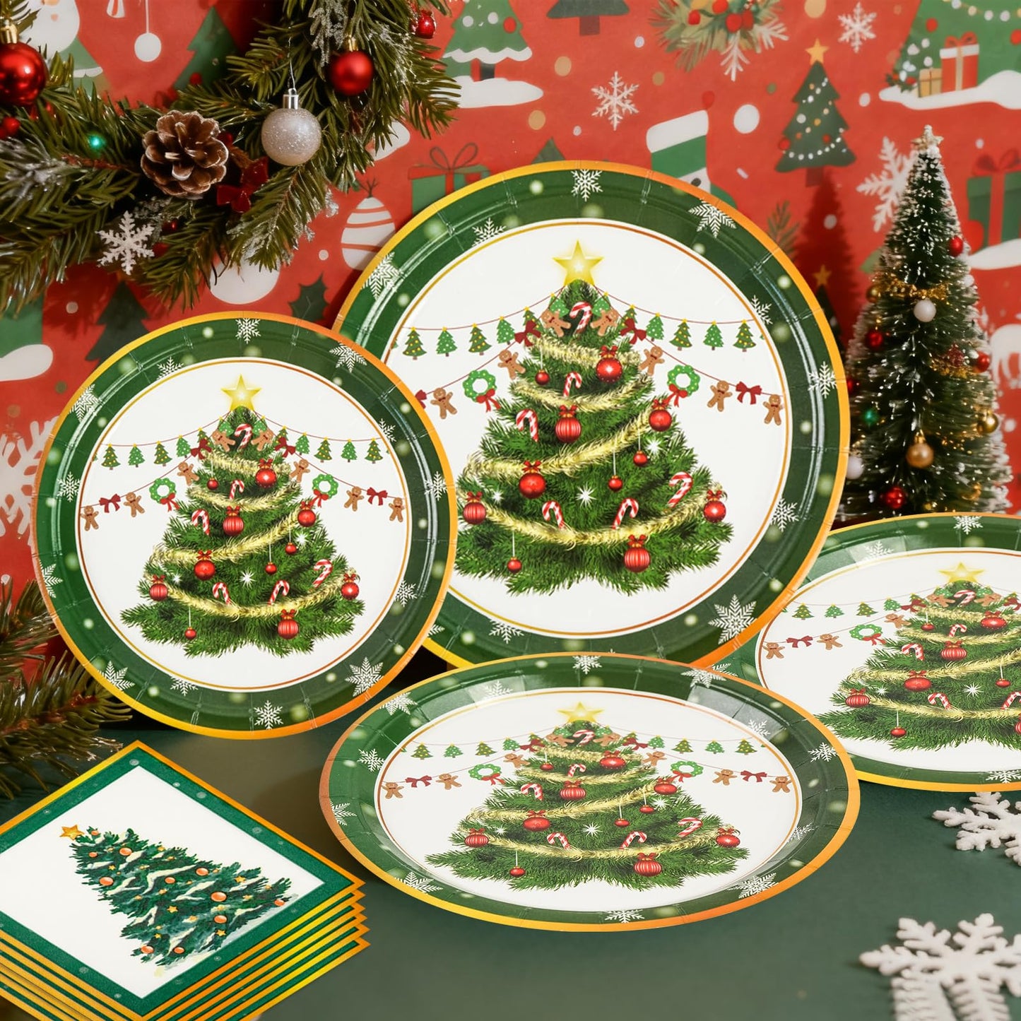 EVYIENEN 150 Pcs Christmas Plates and Napkins,Christmas Tree Party Supplies Merry Christma Disposable Paper Plates Napkins Dinnerware Set for Holiday Party Table Supplies