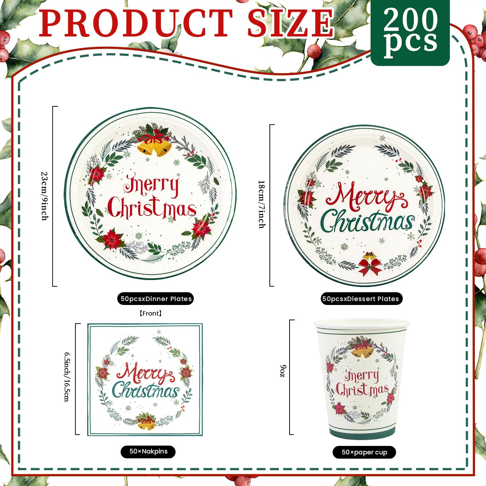 EVYIENEN 200 PCS Christmas Paper Plates and Napkins,Xmas Poinsettia Flower Tree Disposable Dinner Plates Party Dessert Plates for Christma Xmas Winter Party Supplies,Serves 50