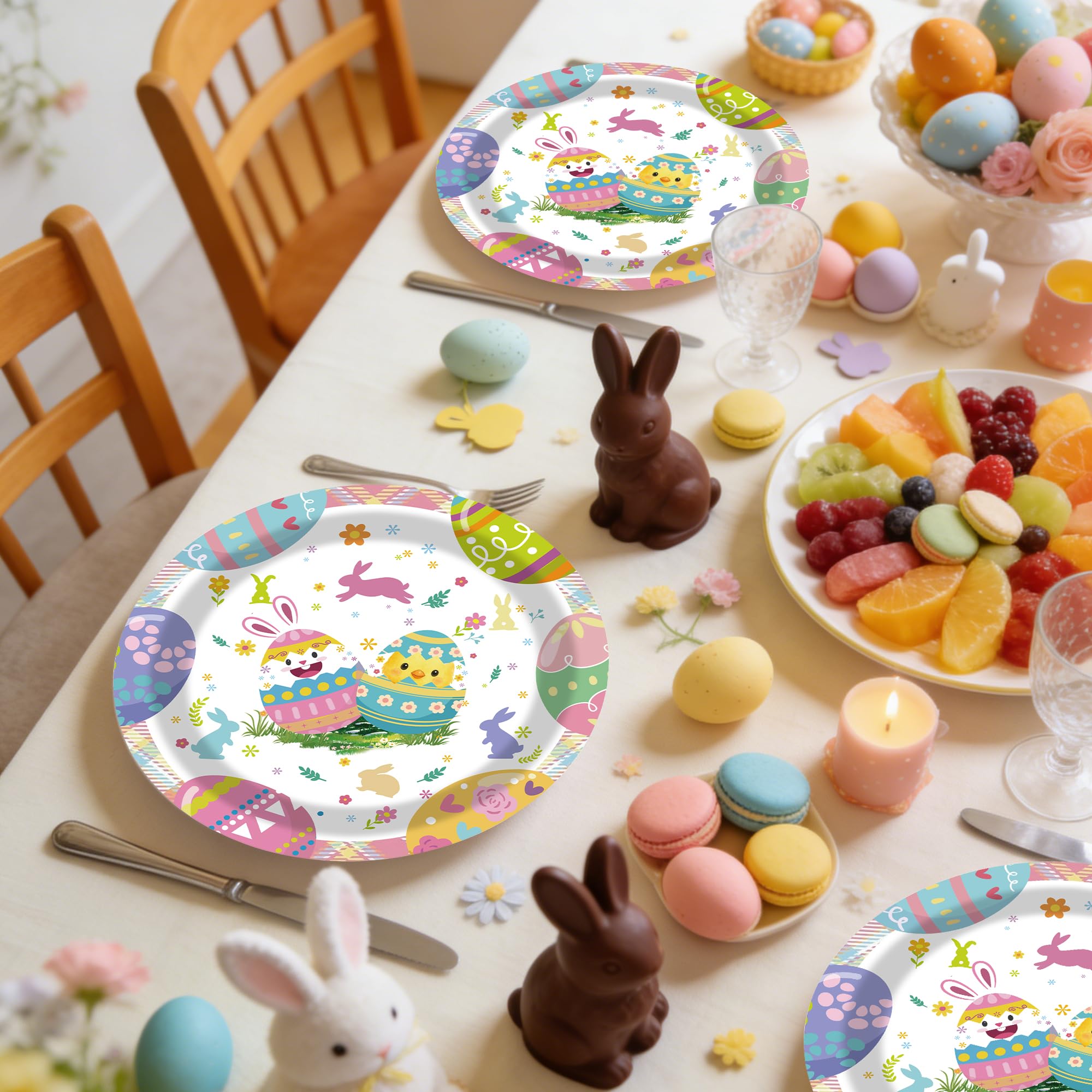 50Pcs Easter Paper Plates, 7 Inch Colorful Bunny and Egg Dessert Plates for Easter, Spring and Birthday Parties