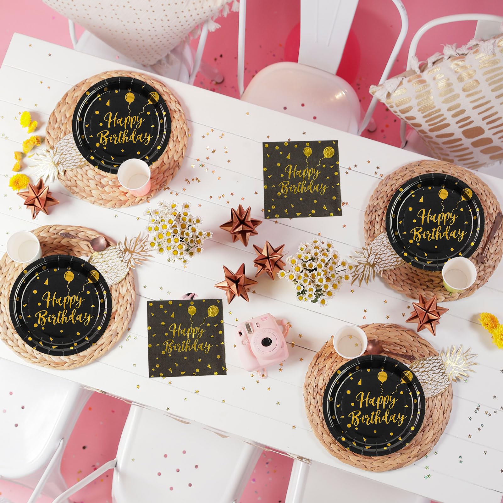 White and Gold Happy Birthday Dinner Plates and Napkins, 9 Inch Gold Foil Balloon Dessert Plates with Napkins for Birthday Party, Serves 25