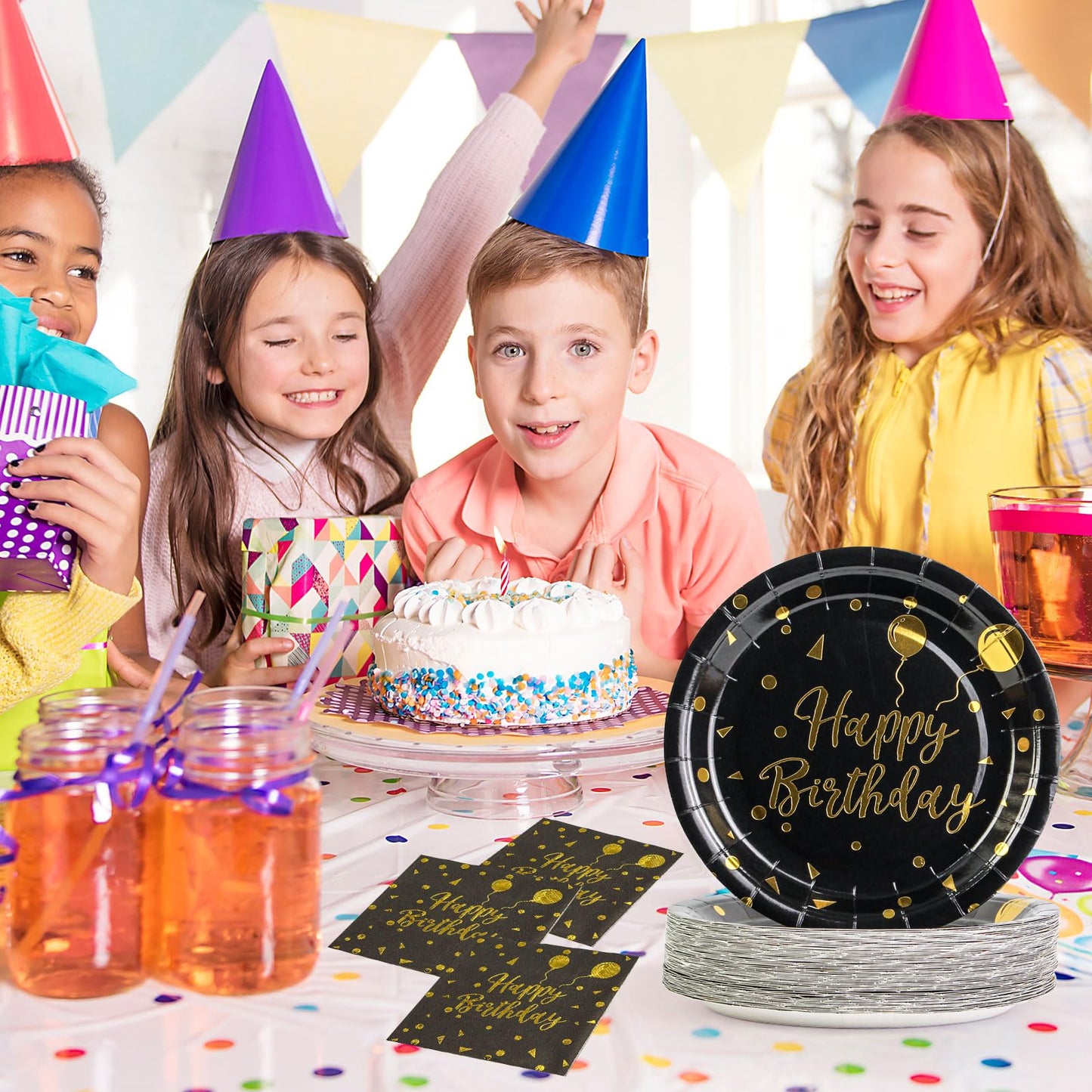 Dark Blue and Gold Happy Birthday Dinner Plates and Napkins, 9 Inch Gold Foil Balloon Dessert Plates with Napkins for Birthday Party, Serves 25