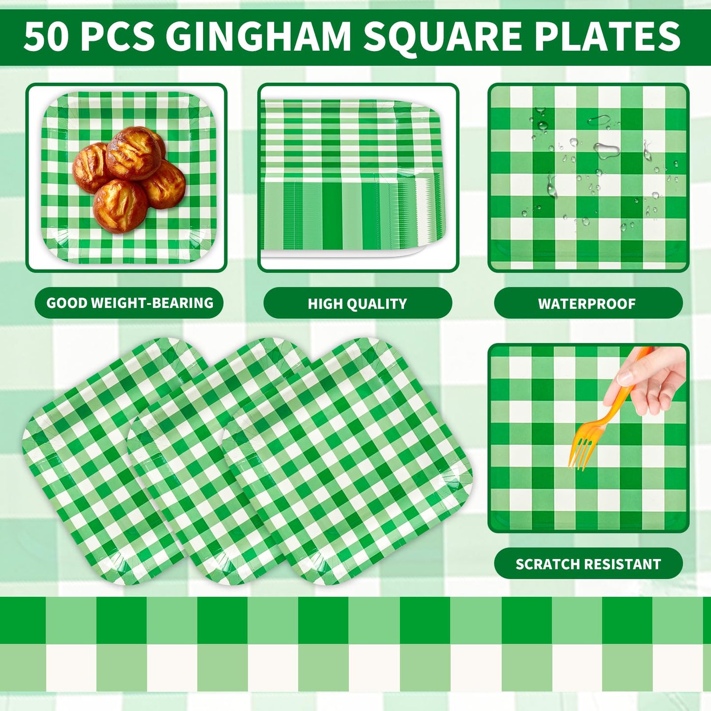 50Pcs Green Striped Paper Plates, 7 Inch Disposable Square Dinner and Dessert Plates for Birthday, Wedding and Baby Shower