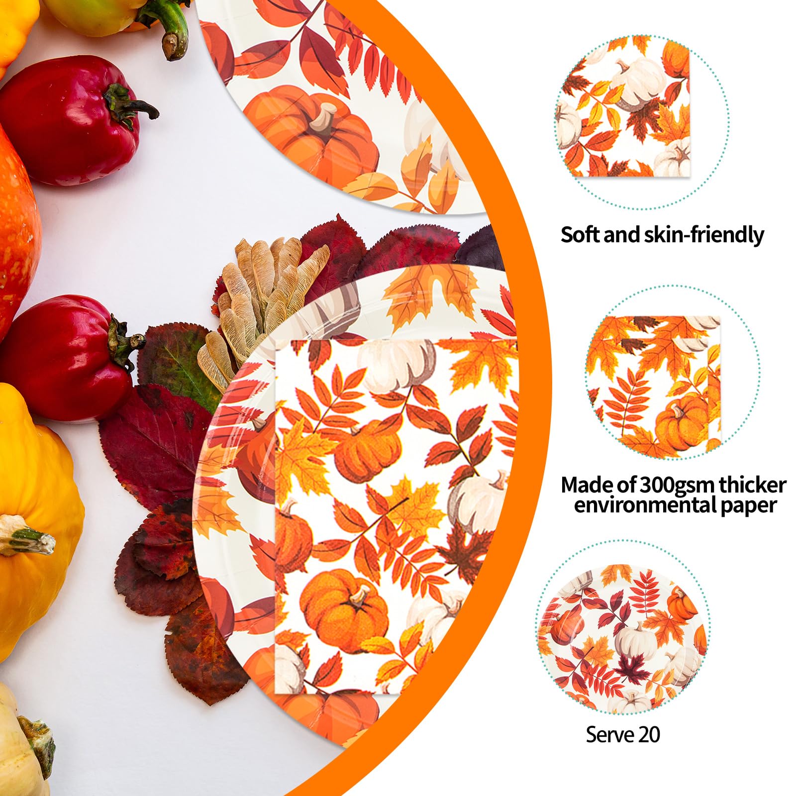 40Pcs Fall Paper Plates and Napkins,Thanksgiving Dessert Plates and Cocktail Napkins for Fall Thanksgiving Autumn Home Kitchen Birthday Party Supplies