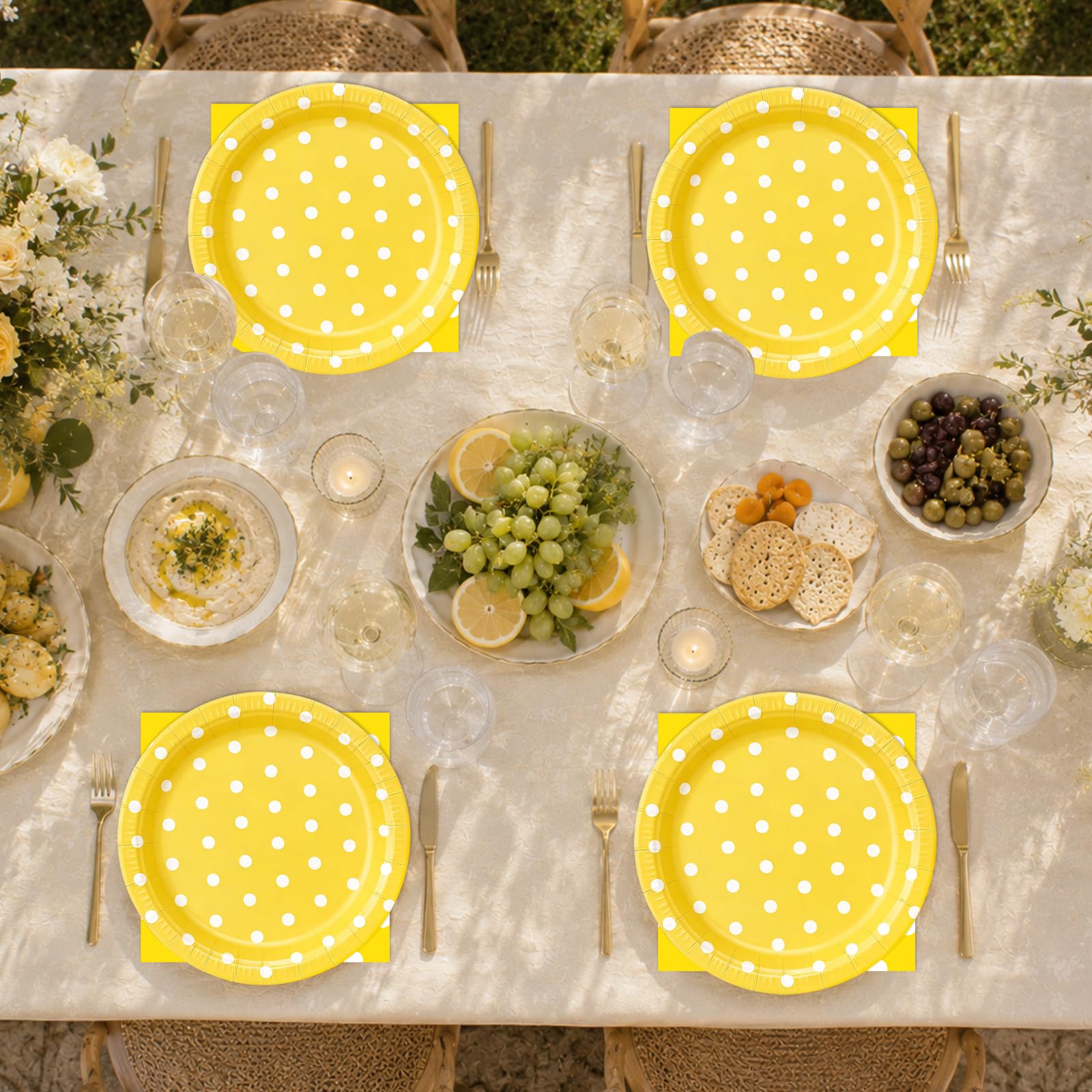 EVYIENEN 50PCS Yellow Polka Dot Paper Plates and Napkins Party Supplies, Yellow and White Party Plates and Napkins Tableware Set for Birthday Bridal & Baby Shower Wedding Party Decoration