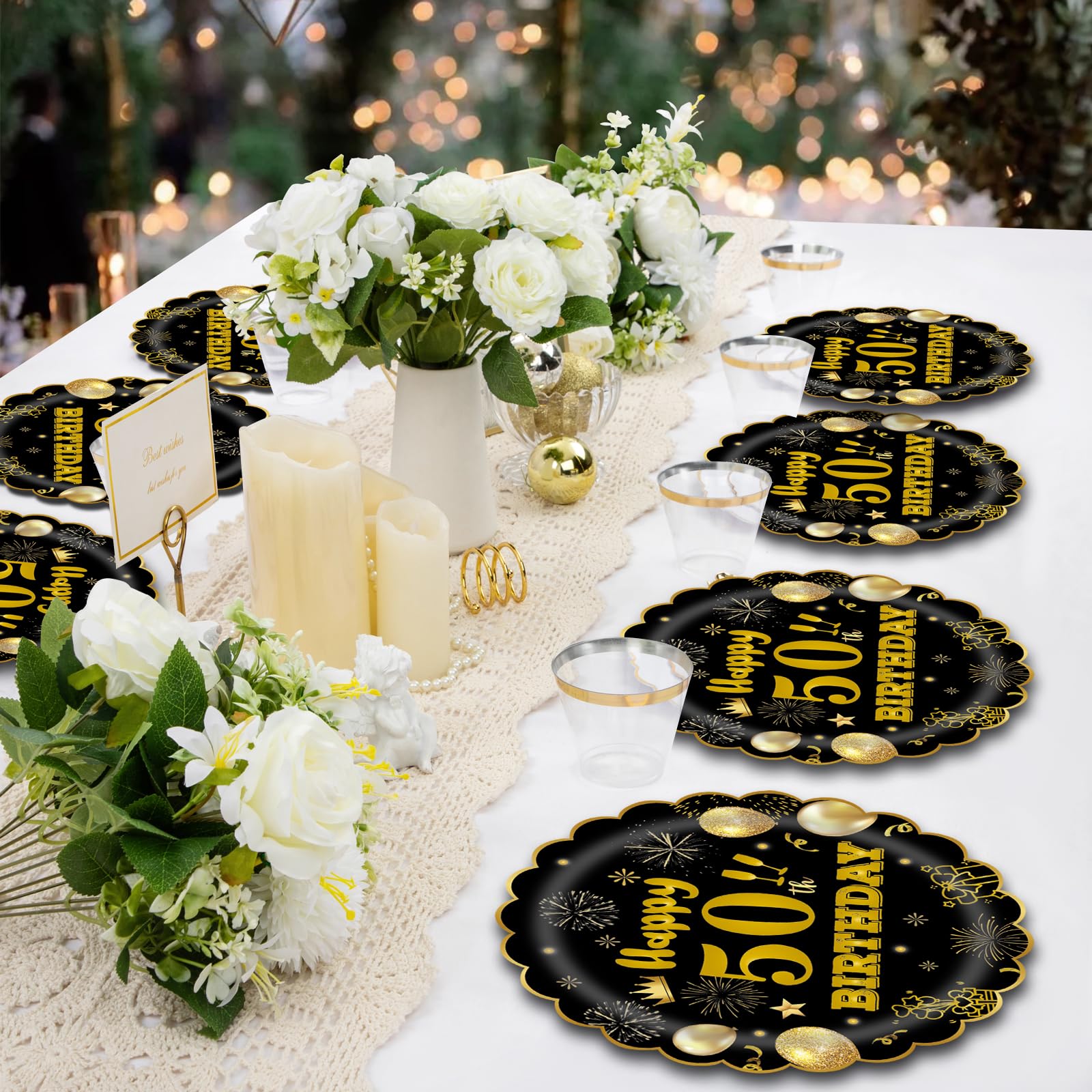 EVYIENEN 50Pcs 50th Birthday Party Paper Plates,7inch Disposable Black and Gold Scalloped Dessert Party Plates for Birthday Wedding Anniversary Reception Event Decorations