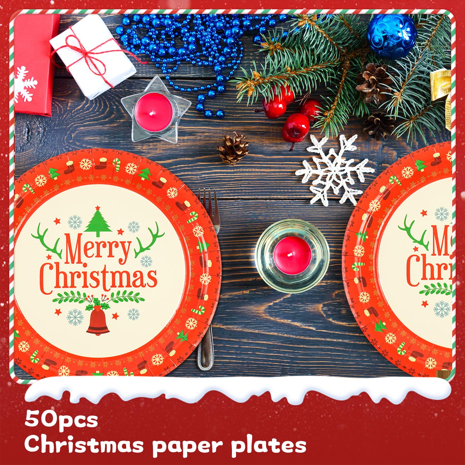 EVYIENEN 50 Pack Christmas Paper Plates - 7 inch Disposable Christmas Dessert Paper Dinnerware Dinner Plates for Xmas Holiday Party Dinnerware Party Supplies
