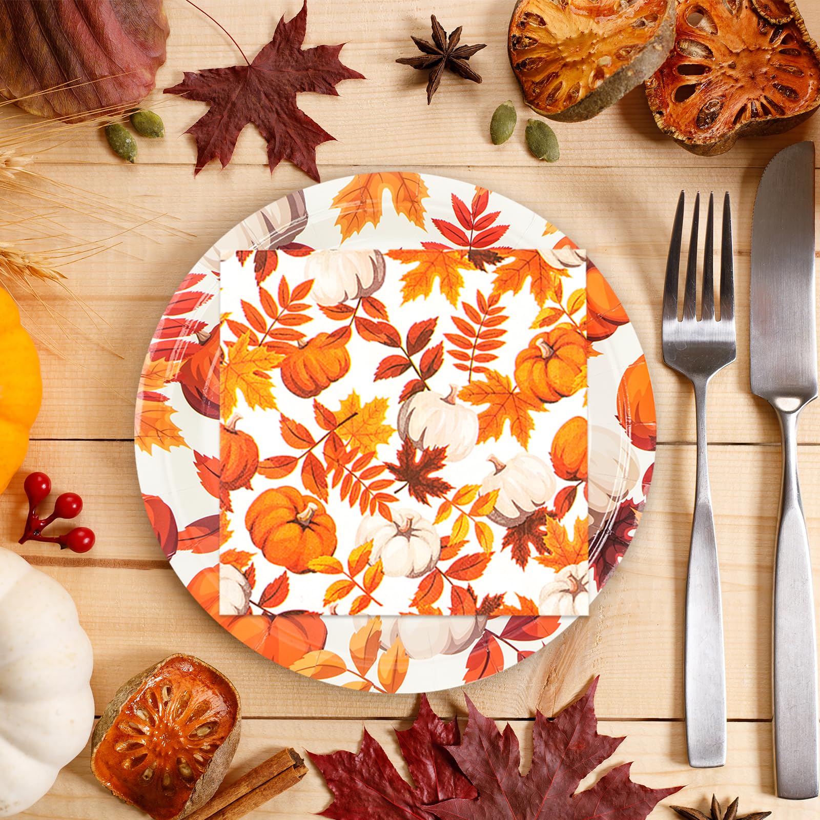 40Pcs Fall Paper Plates and Napkins,Thanksgiving Dessert Plates and Cocktail Napkins for Fall Thanksgiving Autumn Home Kitchen Birthday Party Supplies