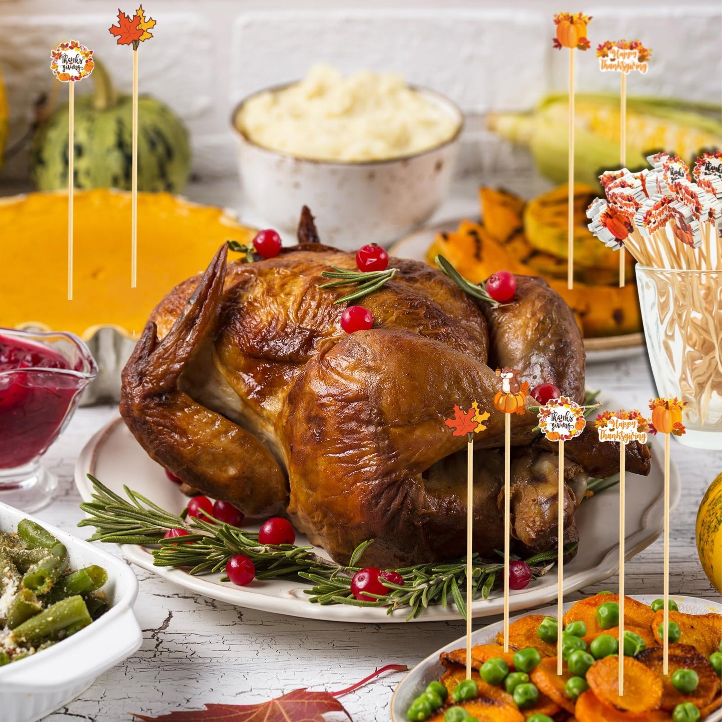 150PCS Thanksgiving Cocktail Picks,Autumn Theme Turkey Squirrel Pumpkin Maple Leaf Bamboo Cocktail Toothpicks Fruit Skewers Drink Dessert for Thanksgiving Day Party Decoration