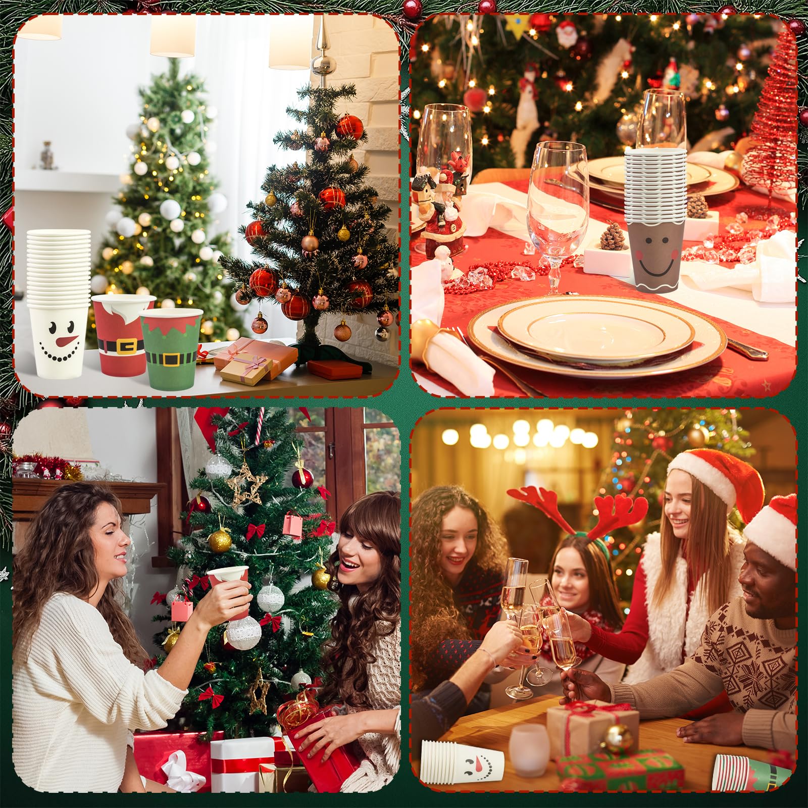 EVYIENEN 100 Pcs 9 oz Christmas Paper Cups,Xmas Disposable Coffee Cups,Nowflake Santa Snowman Elk Drinking Coffee Hot ColdTea Paper for Daily Use Holiday, Winter Party