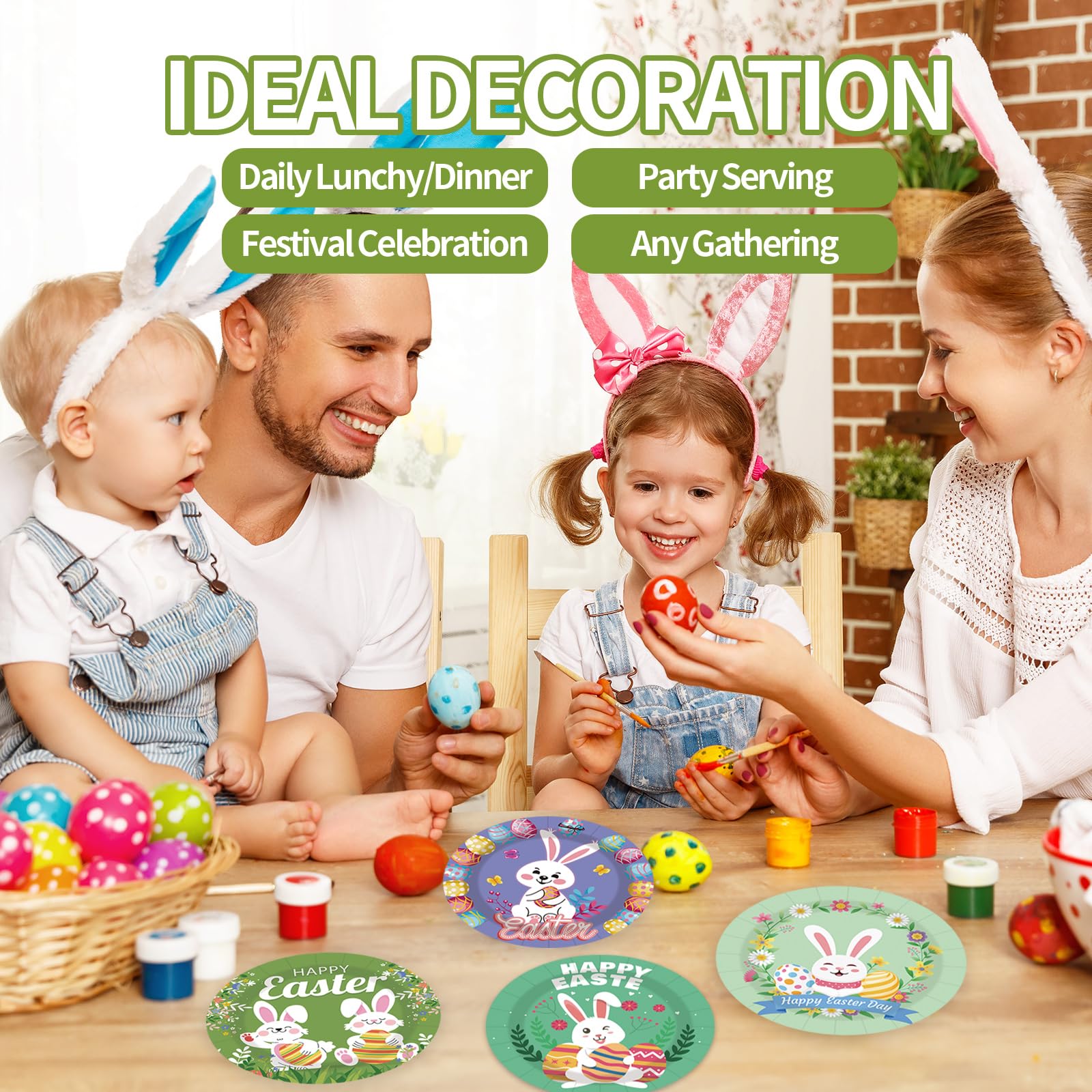 EVYIENEN 48 pcs Happy Easter Paper Plates,7Inch Dessert Plates Decorative Spring Bunny Egg Dinnerware Tableware for Easter Kids Adult Party Supplies Decorations(4 Designs)