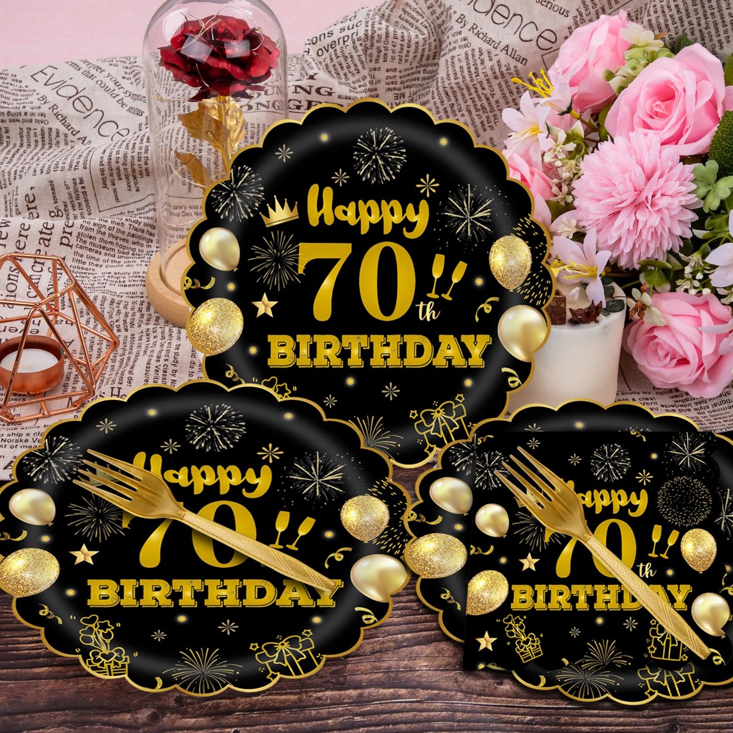 EVYIENEN 96Pcs 60th Birthday Party Tableware Set,Back in 1965 Birthday Party Decorations Supplies, Disposable Black and Gold 60th Birthdays Paper Plates Napkins Forks Favors for Men Women, Serve 24