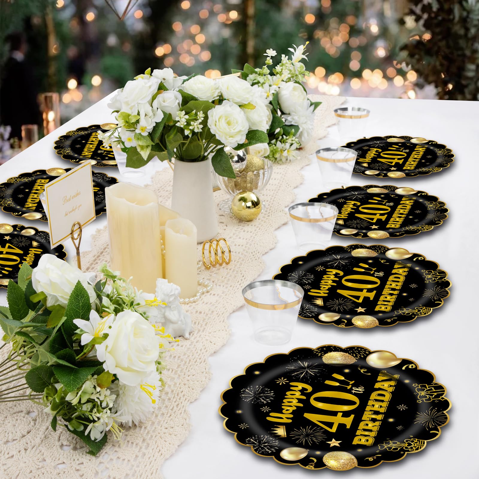 EVYIENEN 50Pcs 50th Birthday Party Paper Plates and Napkins,25 x 7inch Black and Gold Scalloped Dessert Plates Party and 25 x 6.5inch Cocktail Napkins for Birthday Wedding Anniversary Decorations