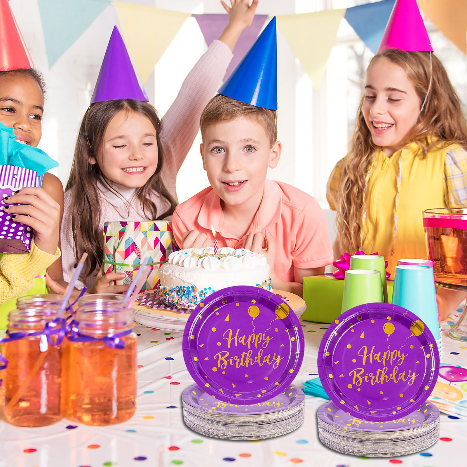 50 Pcs Purple and Gold Paper Plates,9 inch Halloween Paper Plates Disposable Happy Birthday Dessert Cake Plate Party Supplies for Halloween Fall Thanksgiving Birthday Wedding Party Decorations