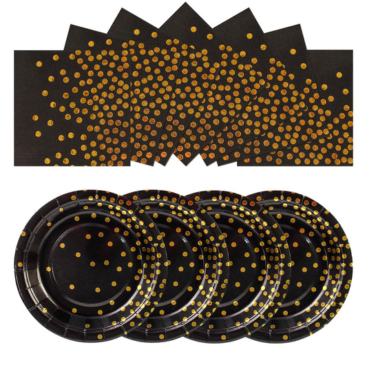50Pcs Black and Gold Dinner Plates and Napkins, 7 Inch Gold Foil Dot Dessert Plates with Napkins for Birthdays, Weddings and Graduations, Serves 25