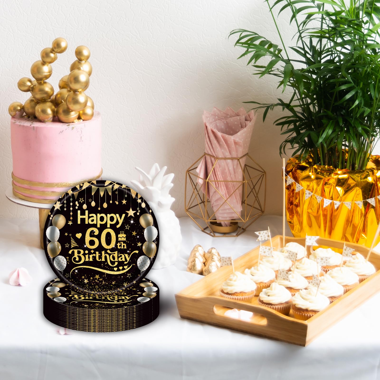 50Pcs 60th Birthday Paper Plates, 9 Inch Black and Gold Disposable Dessert Plates for Men and Women, 60th Birthday and Wedding Party