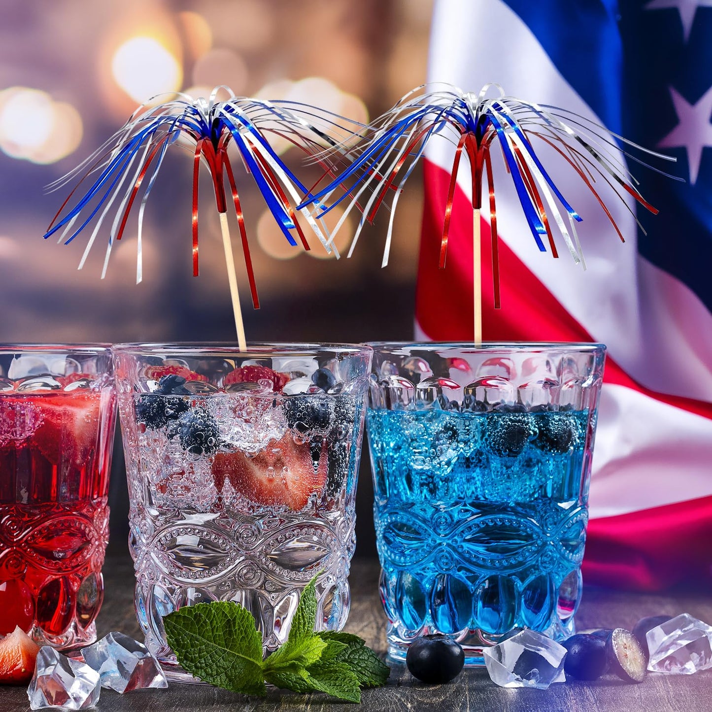 100 Pcs 4th of July Cocktail Picks, Red White Blue Firework Bamboo Toothpicks for Appetizers & Party