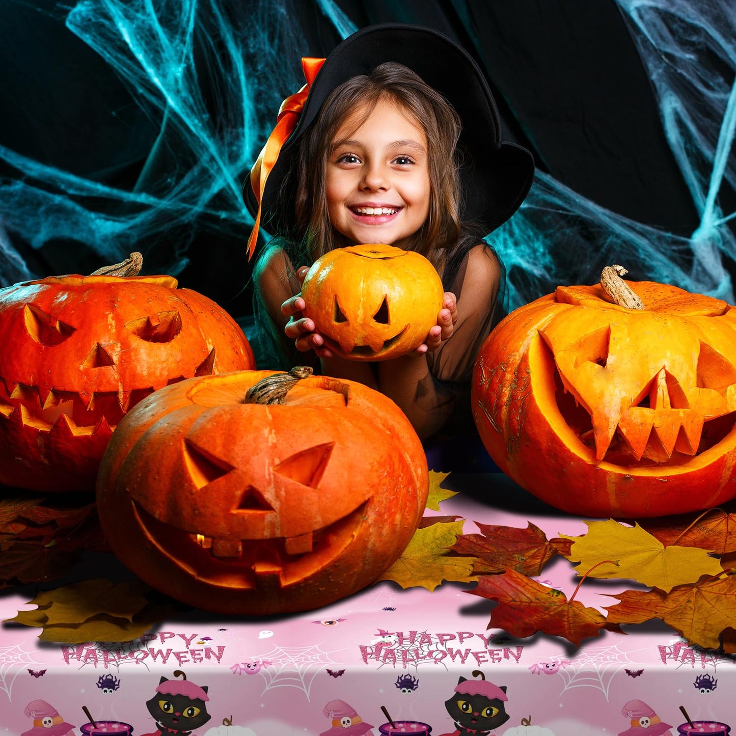 108×54Inch Halloween Tablecloth, Halloween Decorations Indoor Outdoor Happy Boo Pumpkin Bat Skeleton Candy Disposable Plastic Waterproof Tablecover for Table Decor Backdrop Banner Party Supplies