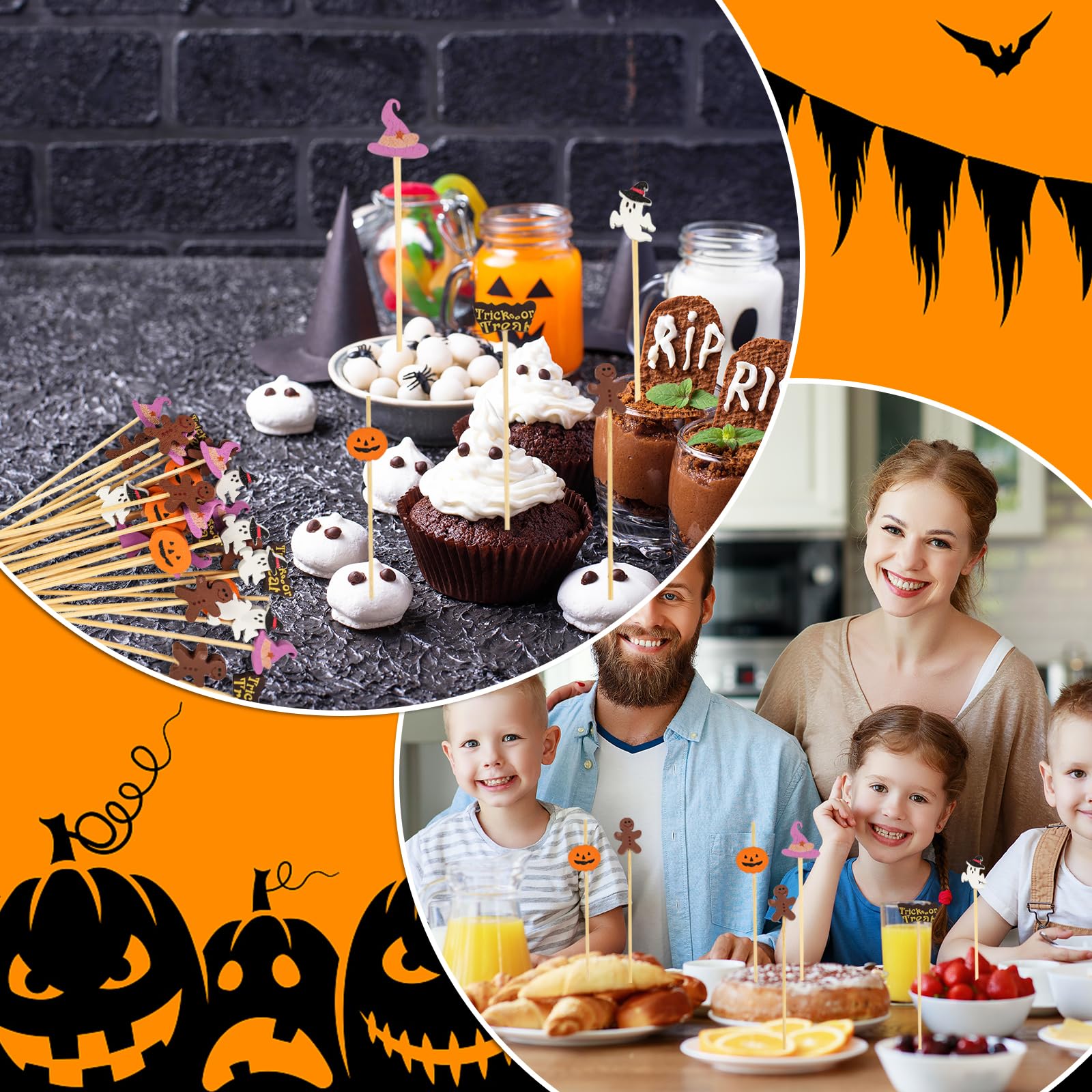 100PCS Halloween Cocktail Picks,4.7inch Halloween Toothpicks for Appetizers Natural Bamboo Cocktail Picks for Halloween Birthday Cake Party Decorations