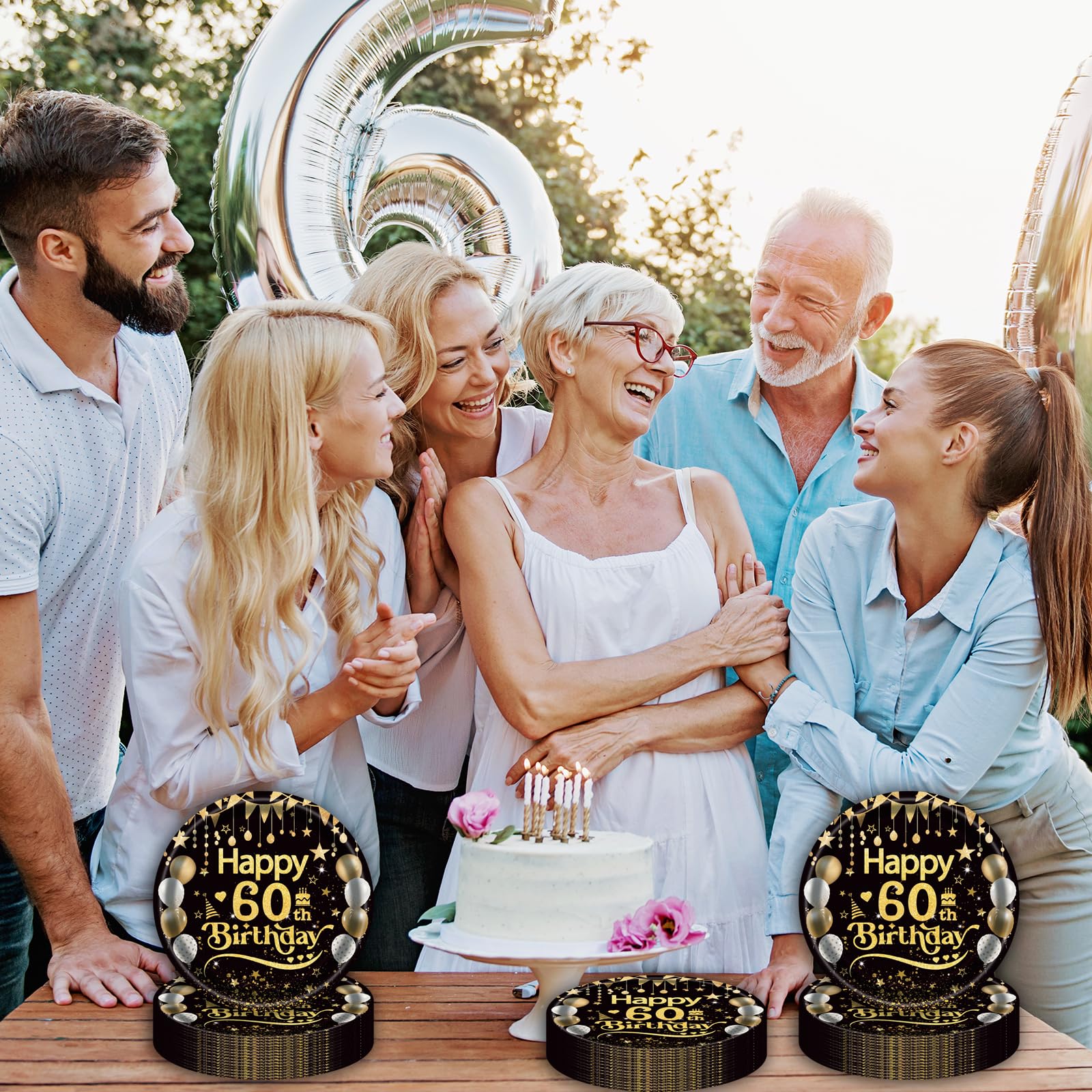 50Pcs 60th Birthday Paper Plates, 9 Inch Black and Gold Disposable Dessert Plates for Men and Women, 60th Birthday and Wedding Party