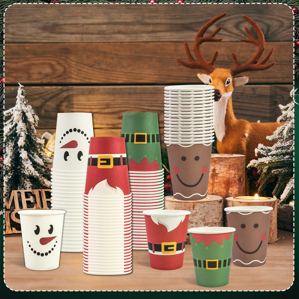 100Pcs 9oz Christmas Paper Cups, Santa Snowman Reindeer Disposable Coffee Cups for Hot and Cold Drinks, Holiday and Winter Party — image 4