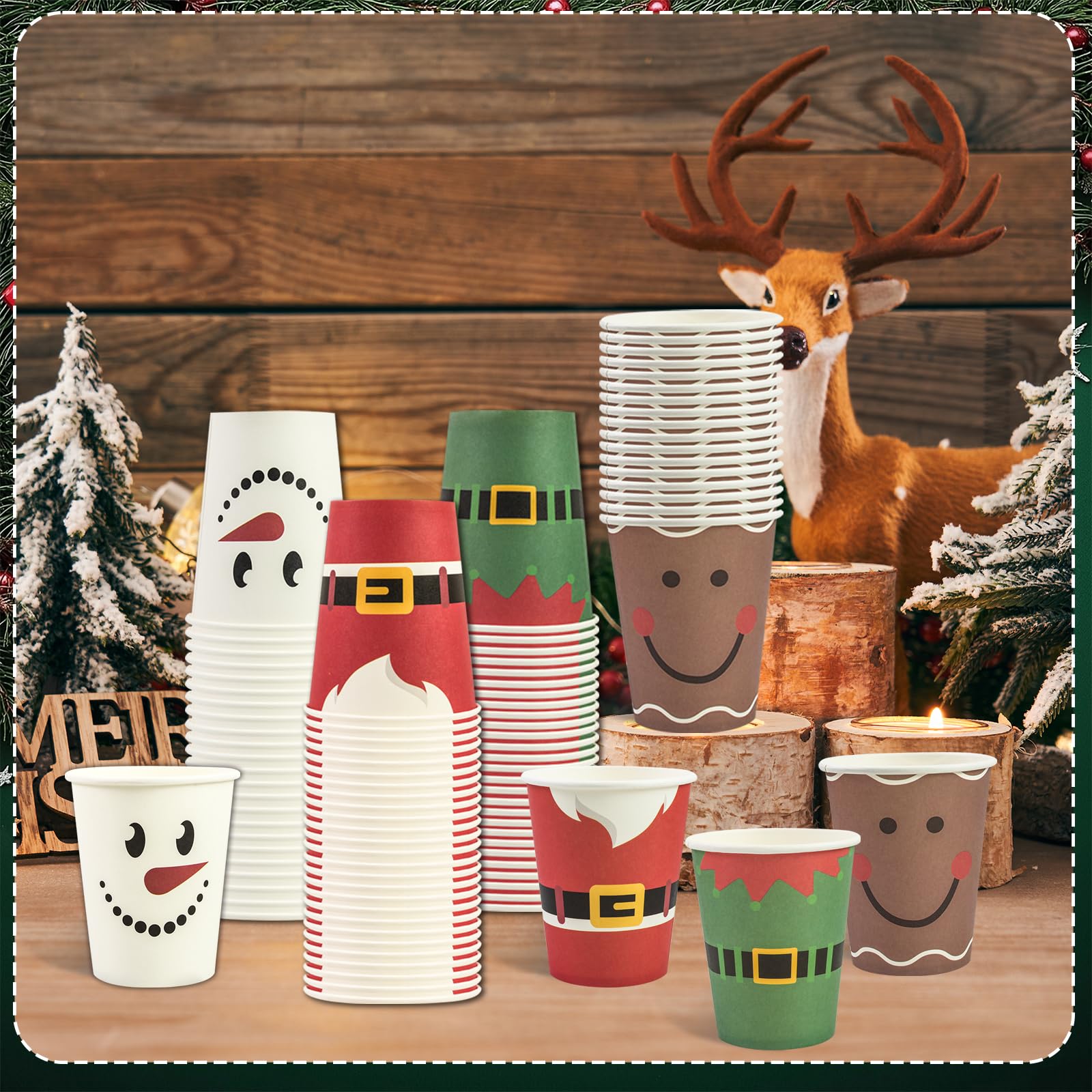 EVYIENEN 100 Pcs 9 oz Christmas Paper Cups,Xmas Disposable Coffee Cups,Nowflake Santa Snowman Elk Drinking Coffee Hot ColdTea Paper for Daily Use Holiday, Winter Party