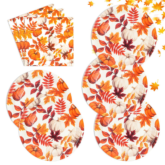 40Pcs Fall Paper Plates and Napkins Set, Maple Leaf Thanksgiving Dessert Plates and Cocktail Napkins, Serves 20